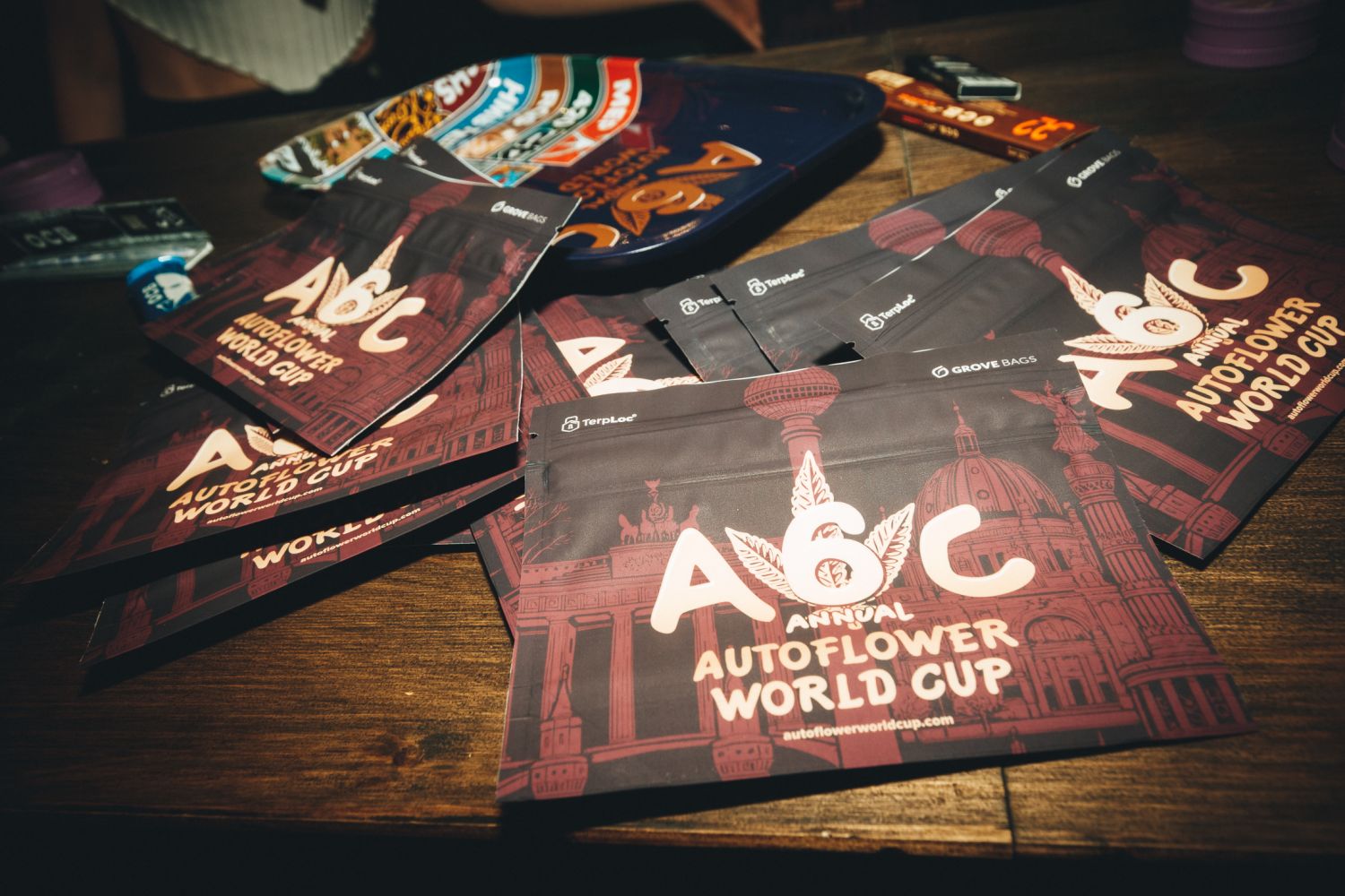 Branded Autoflower World Cup 2026 Grove Bags TerpLoc pouches with Berlin skyline artwork on a table